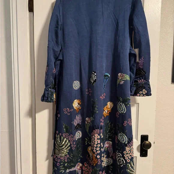 La Fuori Embroidered and Beaded Blue Long Coat - Picture 2 of 7